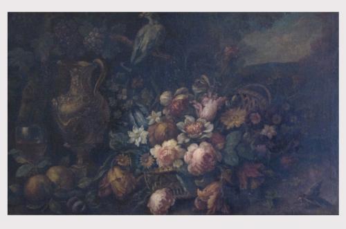 Natura morta con frutta e cesto di fiori (dipinto) - produzione napoletana (sec. XVIII)
