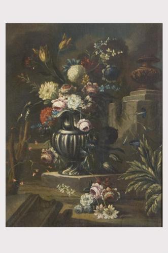 vaso di fiori in un giardino (dipinto) - ambito napoletano (sec. XVIII)