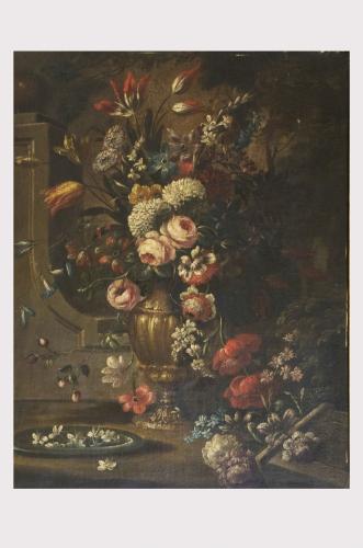 vaso di fiori in un giardino (dipinto) - ambito napoletano (sec. XVIII)