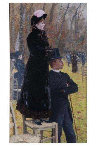 Alle corse di Auteuil, donna in piedi su una sedia con un uomo (dipinto) di De Nittis Giuseppe Gaetano (sec. XIX)