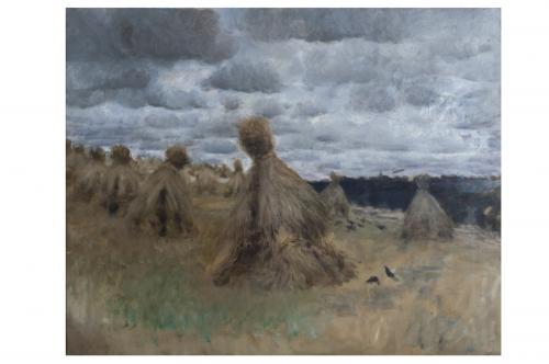 Campo di biche, paesaggio con covoni di grano e uccelli (dipinto) di De Nittis Giuseppe Gaetano (sec. XIX)