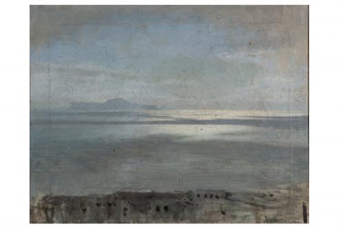 Golfo di Napoli: riflessi solari, veduta del golfo di Napoli col Vesuvio sullo sfondo (dipinto) di De Nittis Giuseppe Gaetano (sec. XIX)