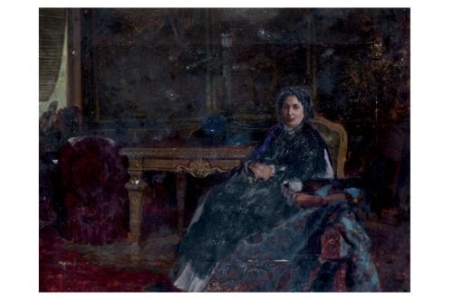 In sala, figura femminile seduta in salotto (dipinto) di De Nittis Giuseppe Gaetano (sec. XIX)