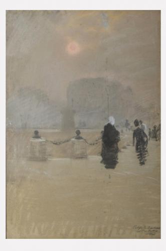 Tramonto nebbioso, paesaggio londinese con nebbia (dipinto) di De Nittis Giuseppe Gaetano (sec. XIX)