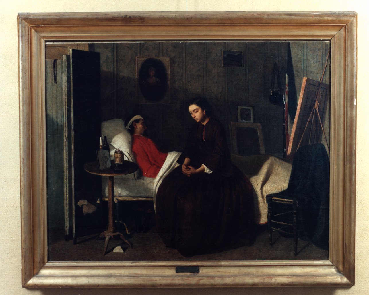 un garibaldino ferito, interno con figure (dipinto) di Migliaccio Antonio (sec. XIX, sec. XIX)