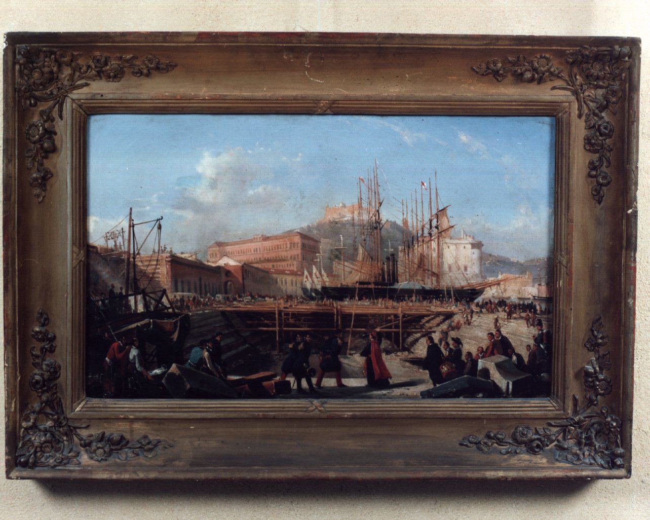 il bacino di raddobbo nel real arsenale di Napoli, inaugurazione dei bacini di carenaggio di Napoli (dipinto) di Serritelli Giovanni (metà sec. XIX, sec. XIX)