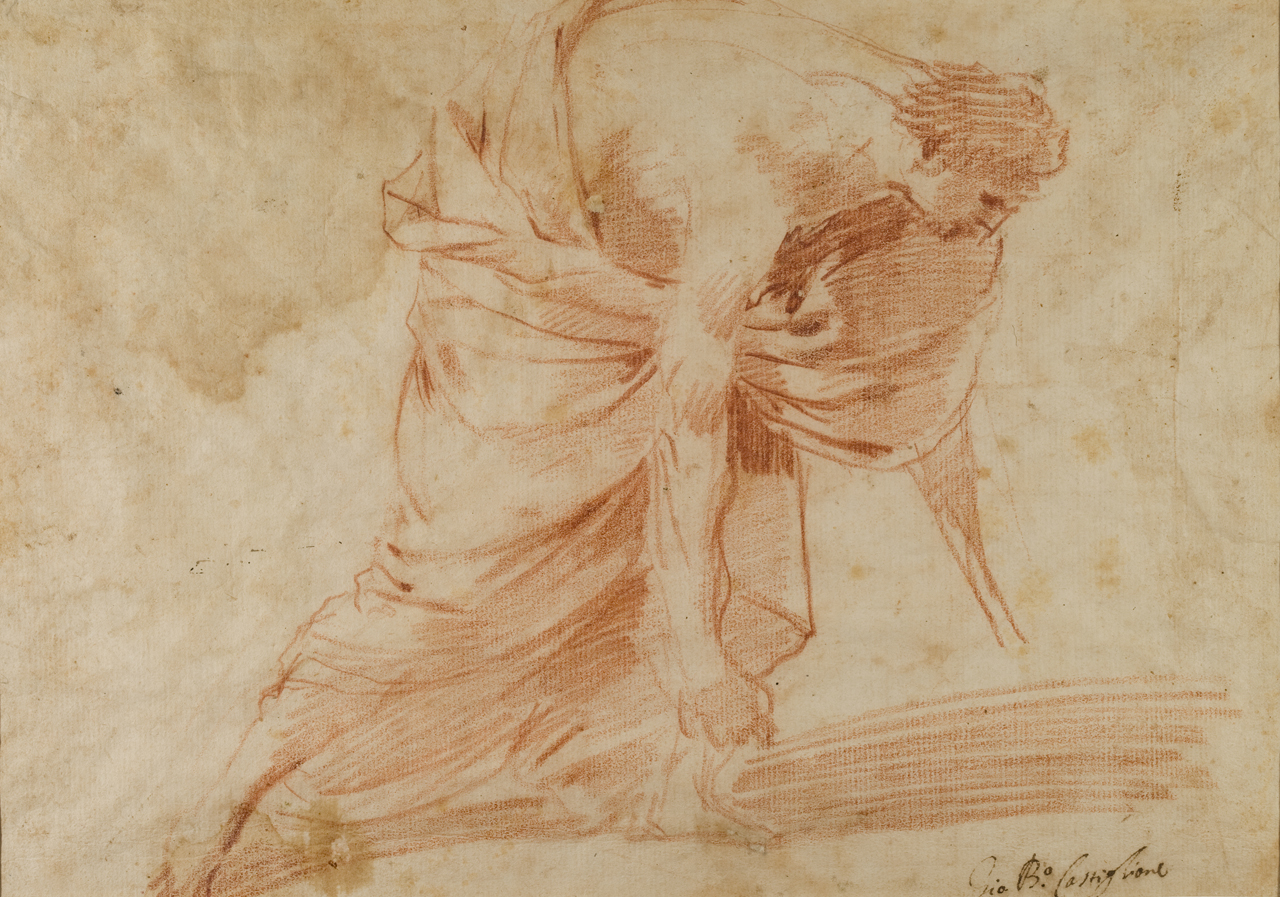 figura maschile panneggiata (disegno) di De Lione Andrea (secondo quarto sec. XVII)