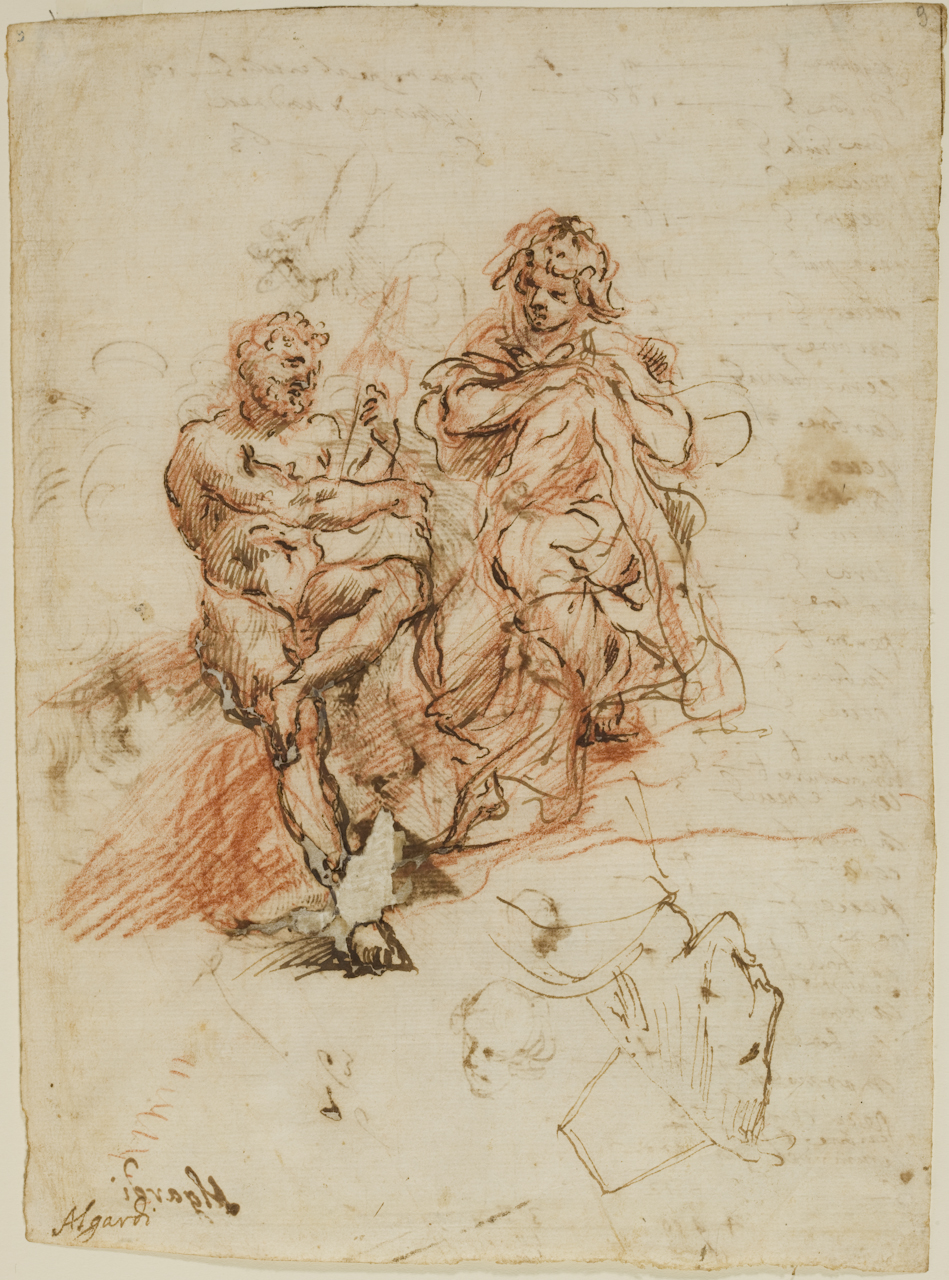 Ercole e Onfale, studio anatomico e caricature (disegno) di Algardi Alessandro (sec. XVII)