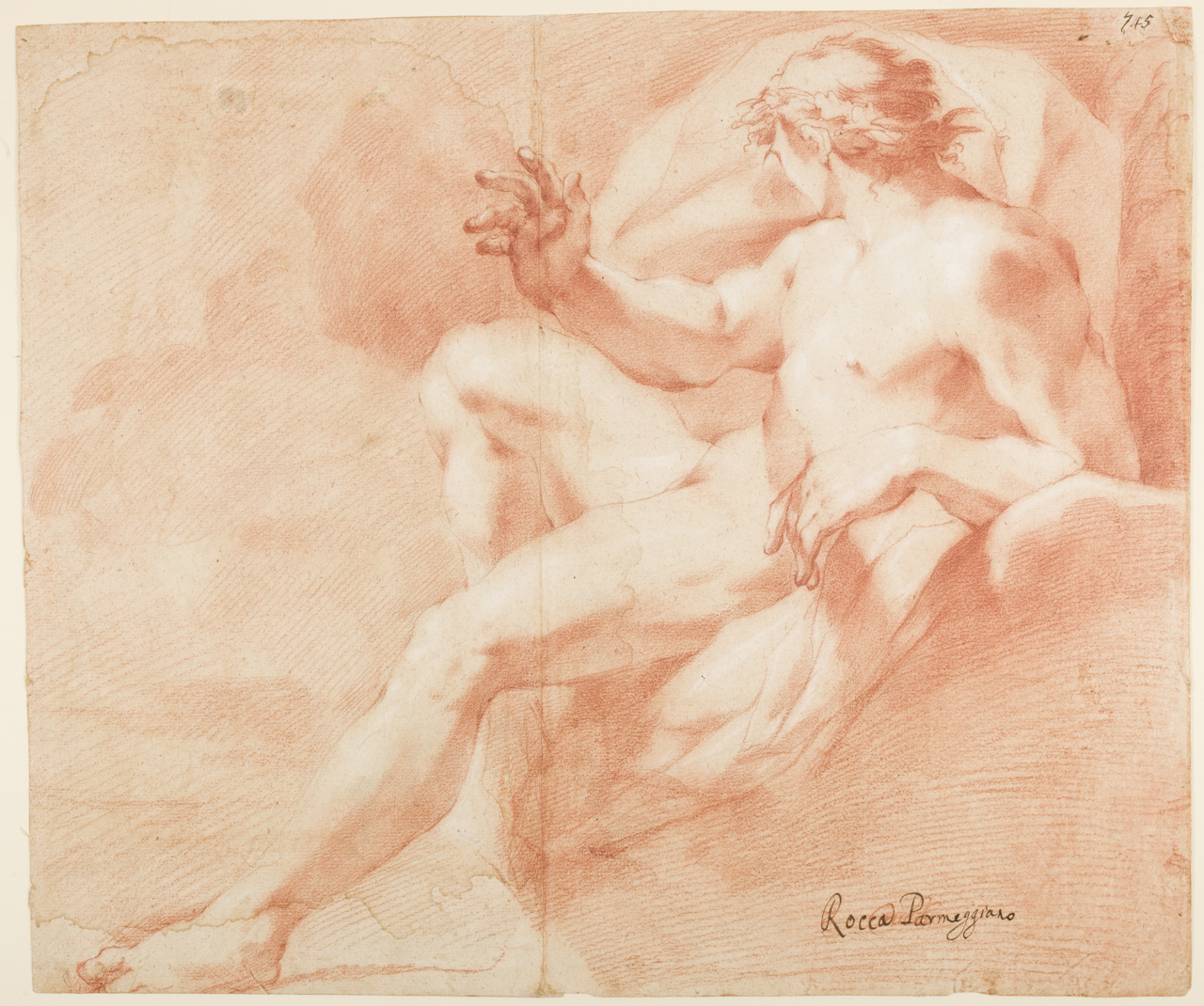 studio di nudo virile, vecchio inginocchiato (disegno) di Rocca Michele (secc. XVII/ XVIII)