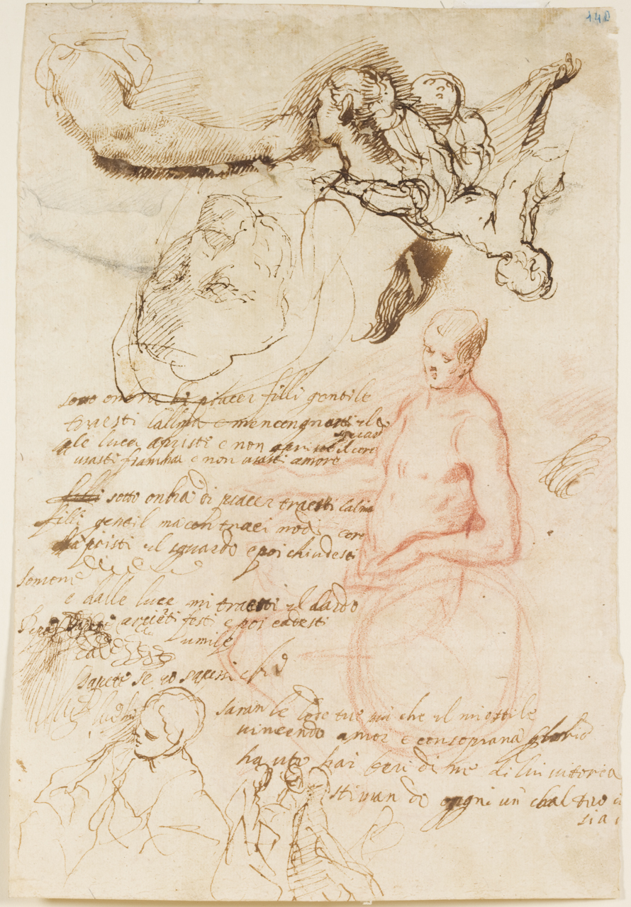 studi per teste di donna ed altri schizzi, Annunciazione (disegno) di Cantarini Simone detto Pesarese (sec. XVII)