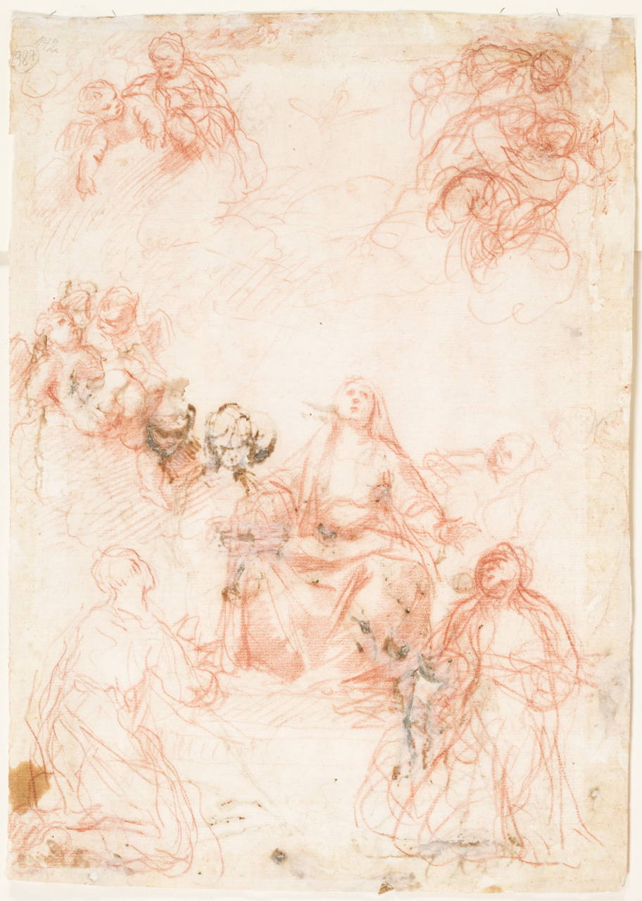 Madonna con Bambino e Santi, Pentecoste (disegno) di Cantarini Simone detto Pesarese (sec. XVII)