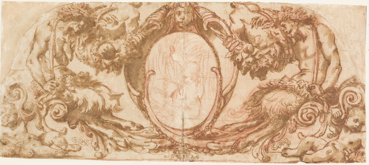 studio di fregio decorativo, studio per la figura di un satiro e per una testa di ariete (disegno) - ambito bolognese (sec. XVII)