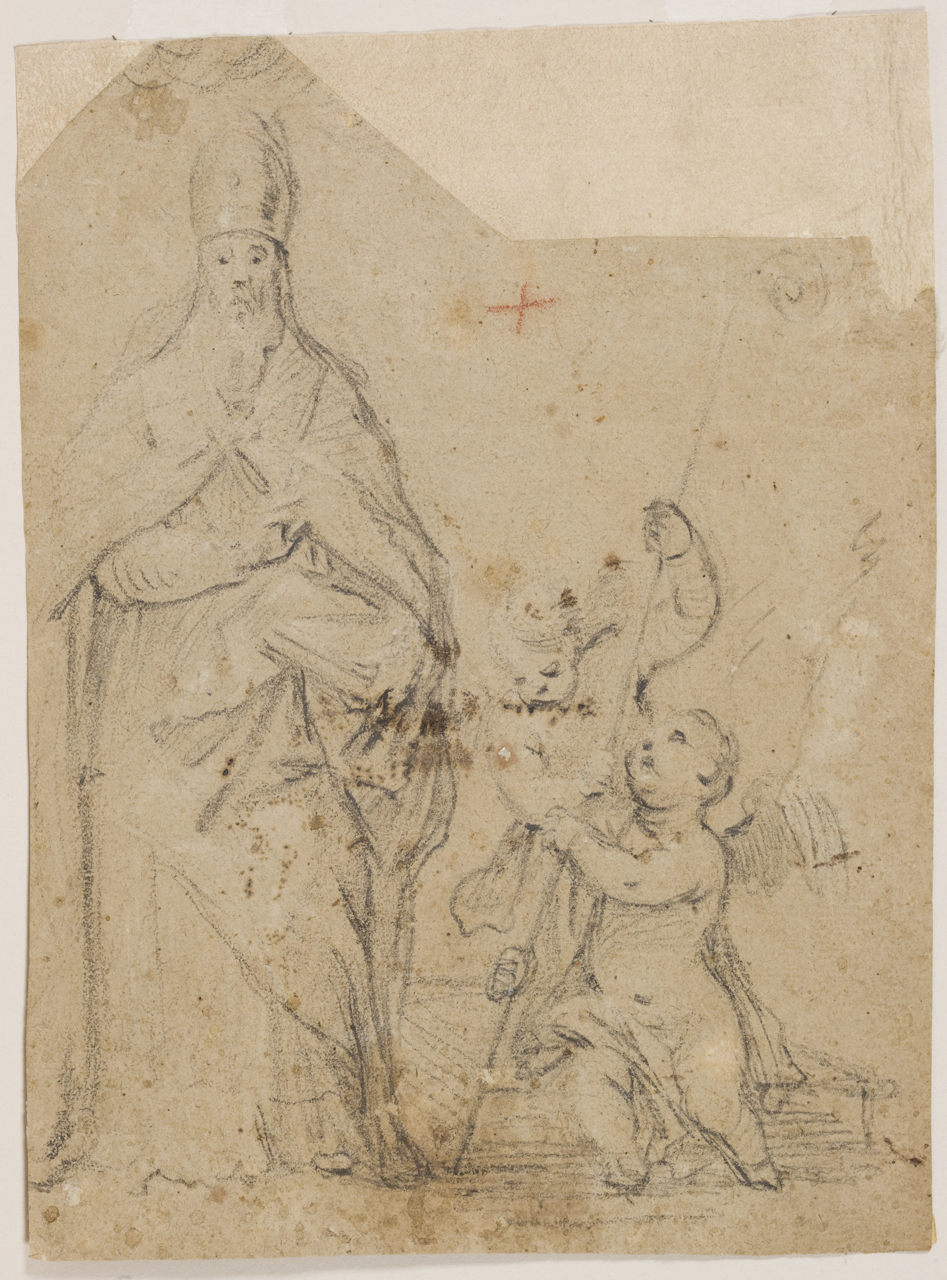santo vescovo e due angeli (disegno) di Giordano Luca (bottega) (secc. XVII/ XVIII)