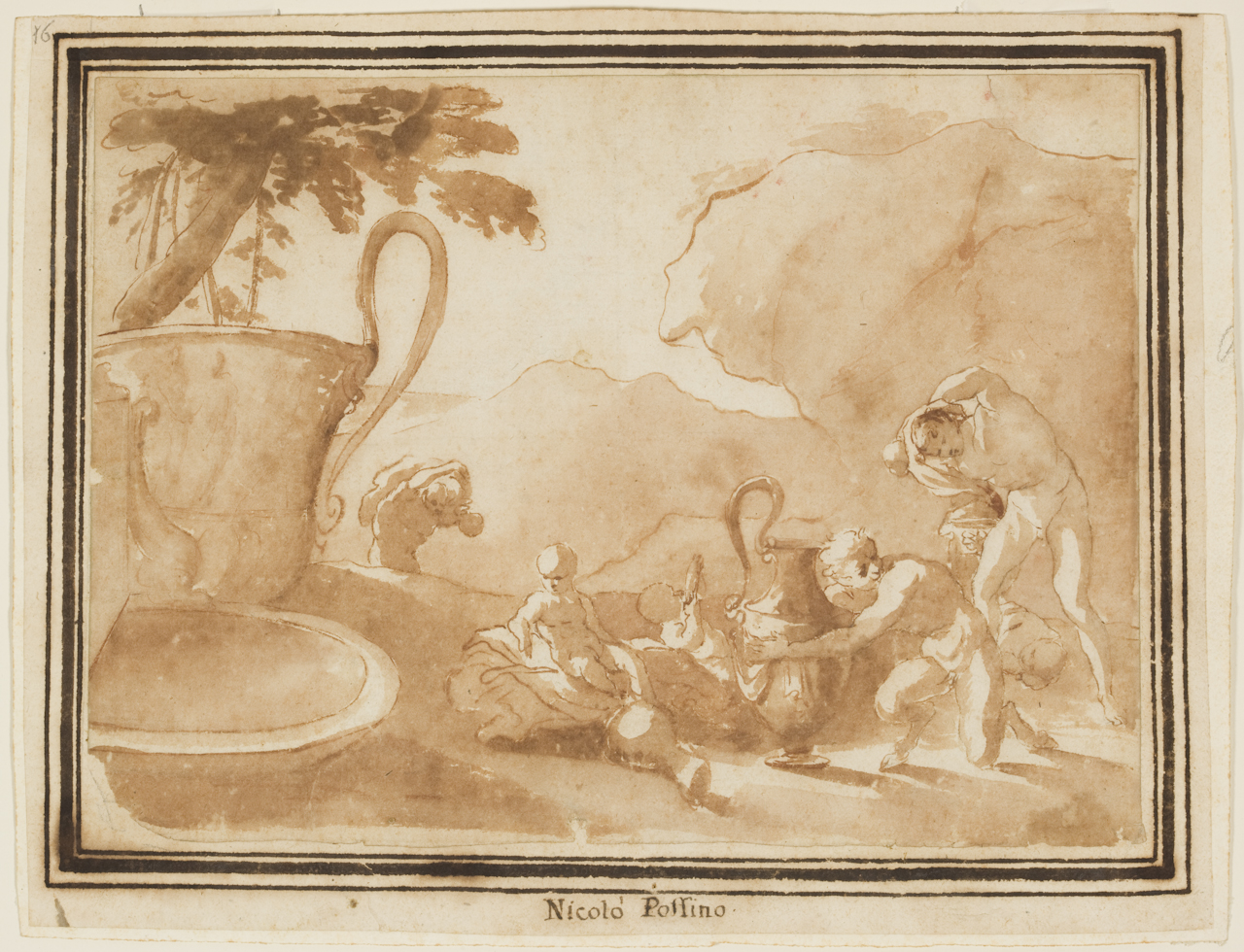 paesaggio con Satiri ed un antico vaso (disegno) di Poussin Nicolas (bottega) (secc. XVI/ XVII)