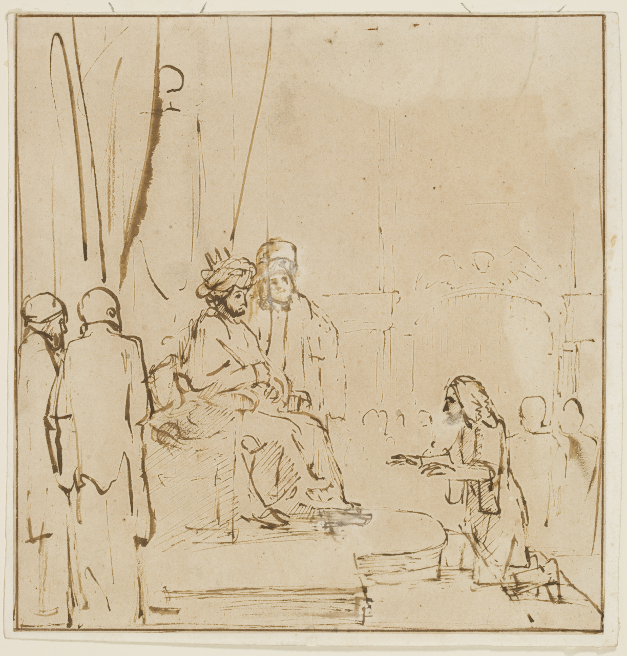 Giuseppe spiega i sogni al Faraone (disegno) di Van Rijn Rembrandt Harmenszoon (scuola) (sec. XVII)