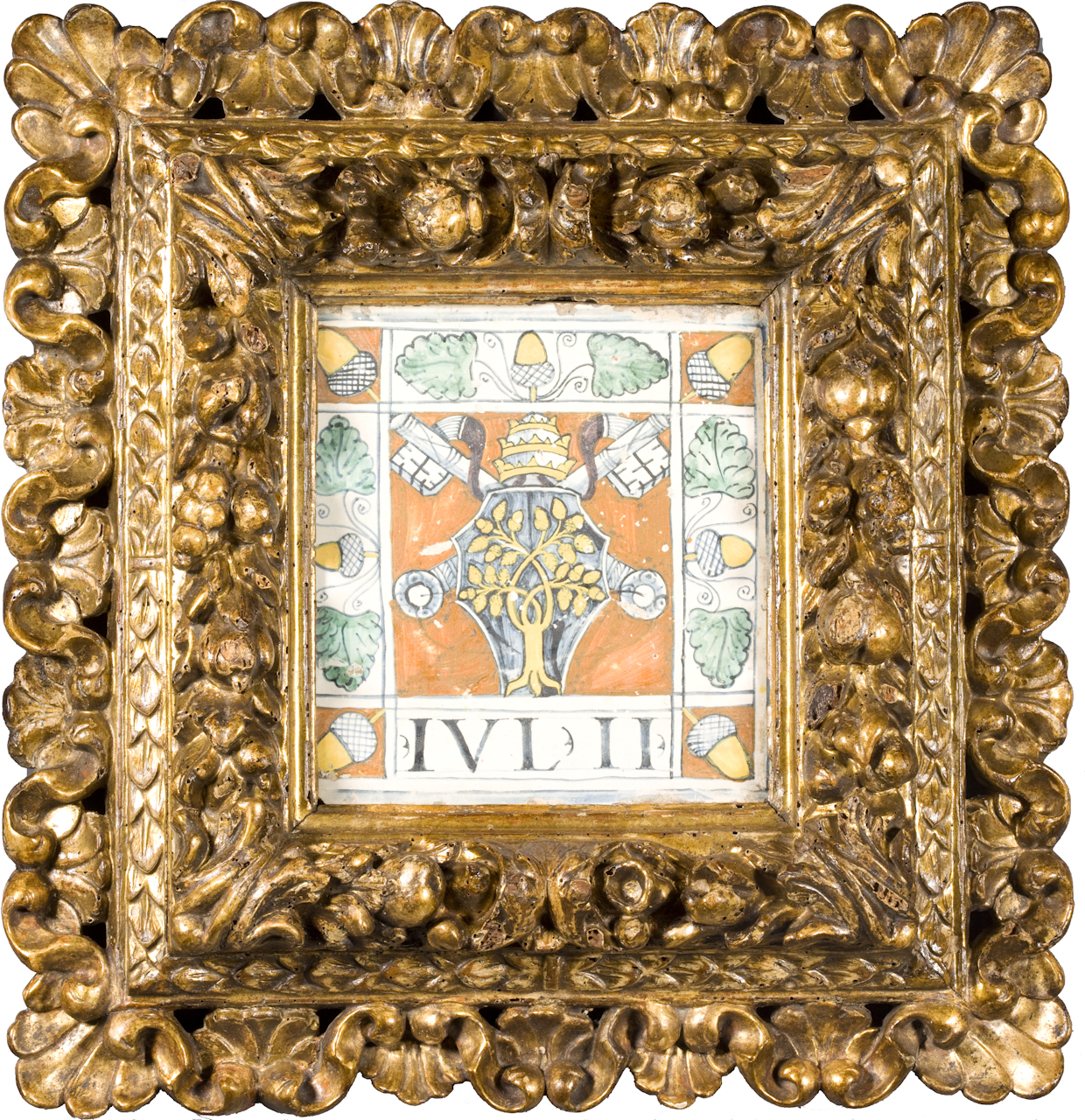stemma papale di Giulio II Della Rovere, ghiande e foglie di quercia (mattonella) - manifattura di Deruta (inizio sec. XVI)