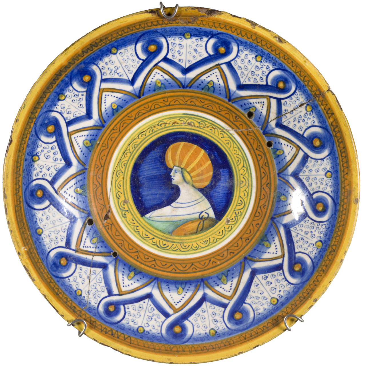 busto femminile, motivo decorativo a nastro (piatto) - manifattura faentina (primo quarto sec. XVI)