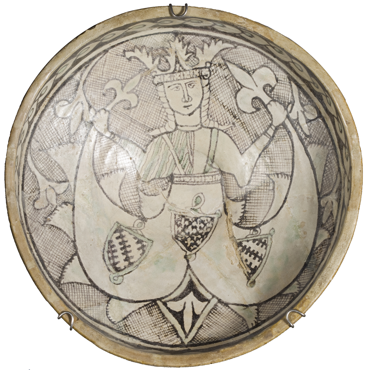 sirena bicaudata con stemmi degli Angiò e dei Monaldeschi, motivo decorativo a reticolo (coppa) - manifattura orvietana (fine sec. XIII)