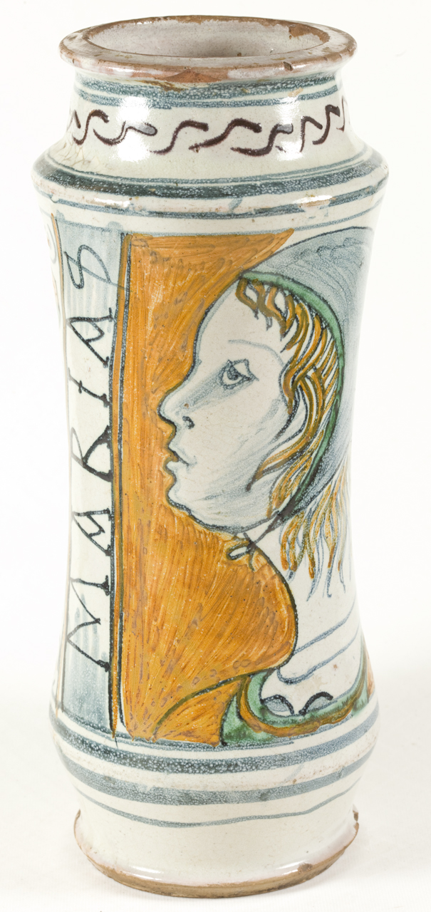 busto di donna, motivo decorativo a volute a cartoccio (albarello) - manifattura napoletana (primo quarto sec. XVI)