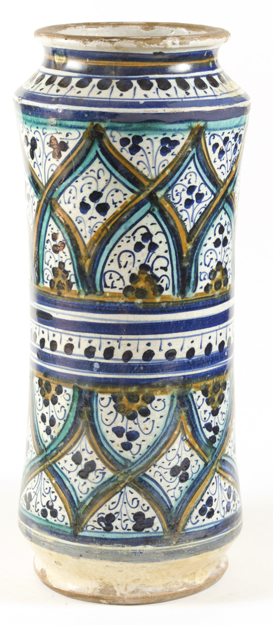 motivo decorativo ad archi intrecciati, fiori di brionia e trifogli (albarello) - manifattura pesarese (seconda metà sec. XV)