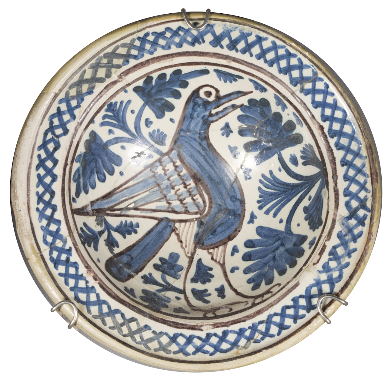 uccello, motivo decorativo vegetale, motivo decorativo a intreccio (coppa) - ambito fiorentino (inizio sec. XV)