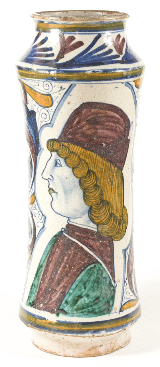 busto maschile, motivo decorativo a volute a cartoccio (albarello) - manifattura napoletana (ultimo quarto sec. XV)