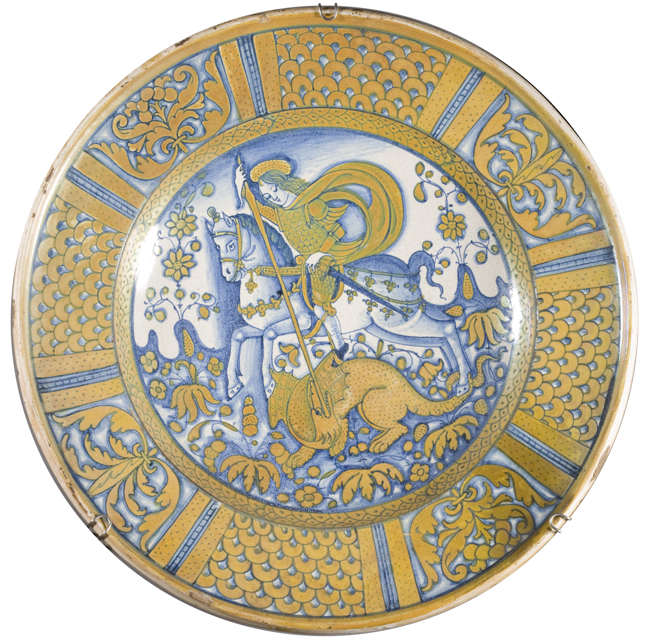 San Giorgio uccide il drago, motivi decorativi a foglie d'acanto, motivo decorativo a embricazioni (piatto da pompa) - manifattura di Deruta (prima metà sec. XVI)