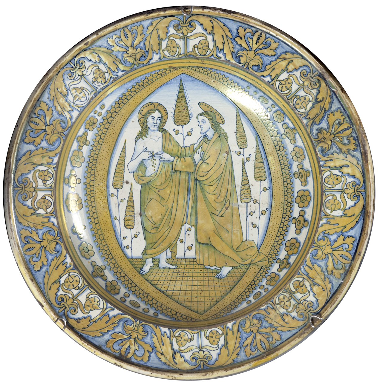 incredulità di San Tommaso, motivi decorativi a foglie d'acanto (piatto da pompa) - manifattura di Deruta (prima metà sec. XVI)
