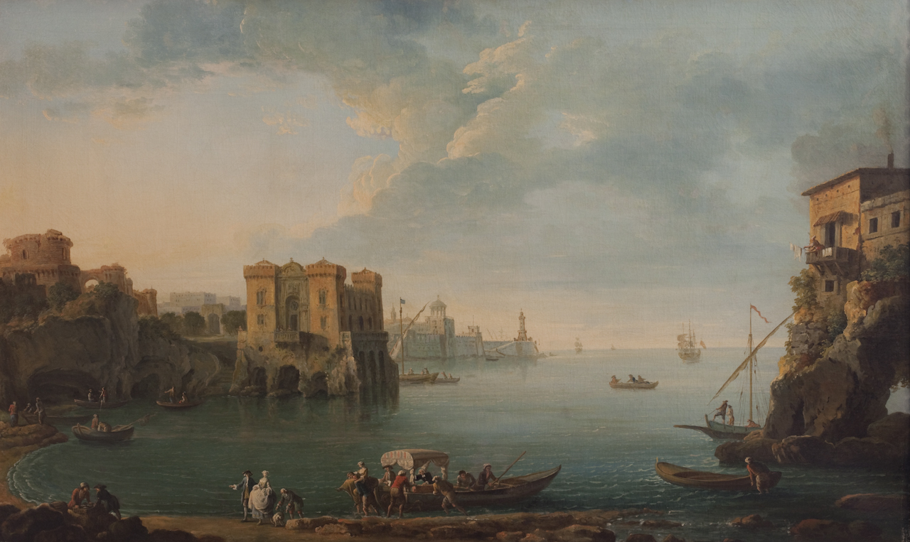 marina con gitanti e pescatori (dipinto) di Bonavia Carlo (sec. XVIII)