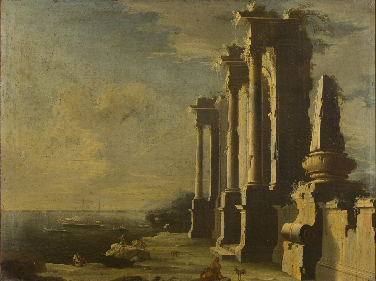 marina con ruderi di tempio, velieri e figure (dipinto) di Coccorante Leonardo (secc. XVII/ XVIII)