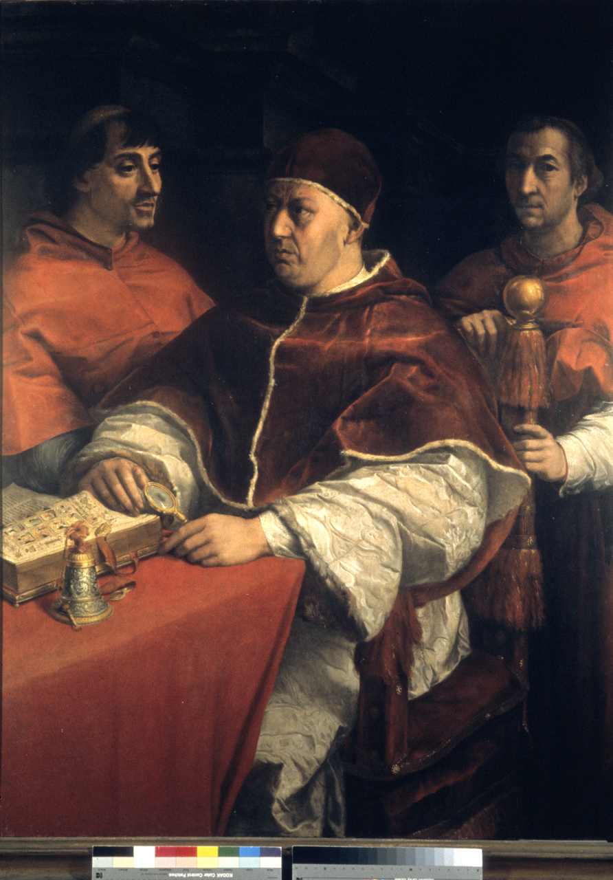 ritratto del papa Leone X con due cardinali (dipinto) di Andrea d'Agnolo detto Andrea del Sarto (sec. XVI)