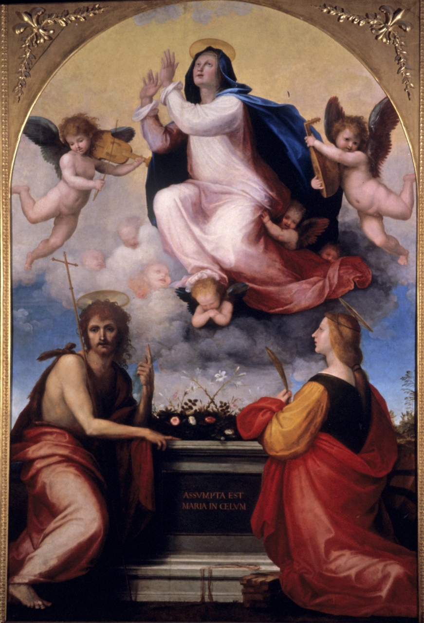 Assunzione della Vergine con Giovanni Battista e Santa Caterina d' Alessandria (dipinto) di Della Porta Bartolomeo detto Fra' Bartolomeo (sec. XVI)