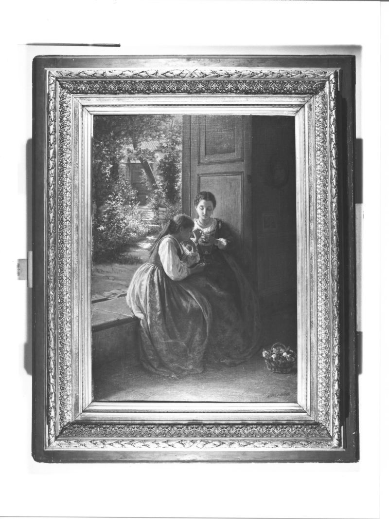 Oroscopo amoroso, scena familiare (dipinto) di Martelli Achille (sec. XIX)