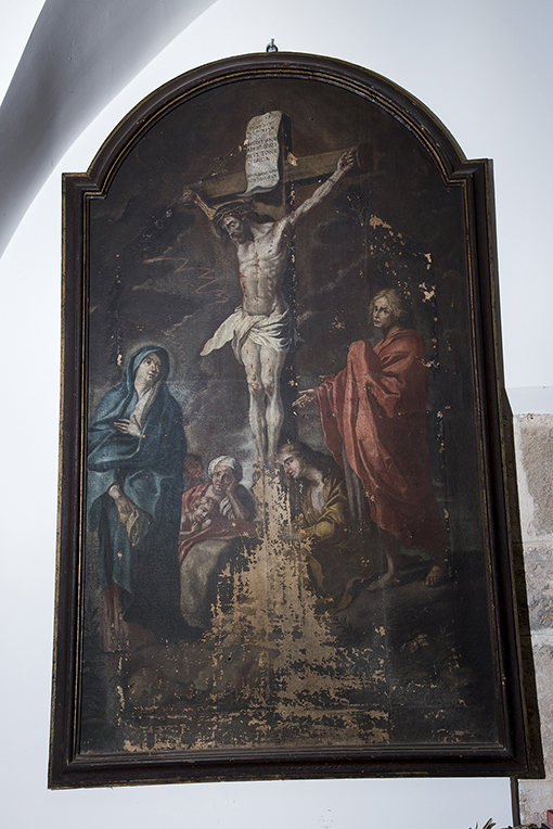 Crocifissione di Cristo con la Madonna, san Giovanni, Maria Maddalena e figure (dipinto) - ambito Italia meridionale (sec. XIX)