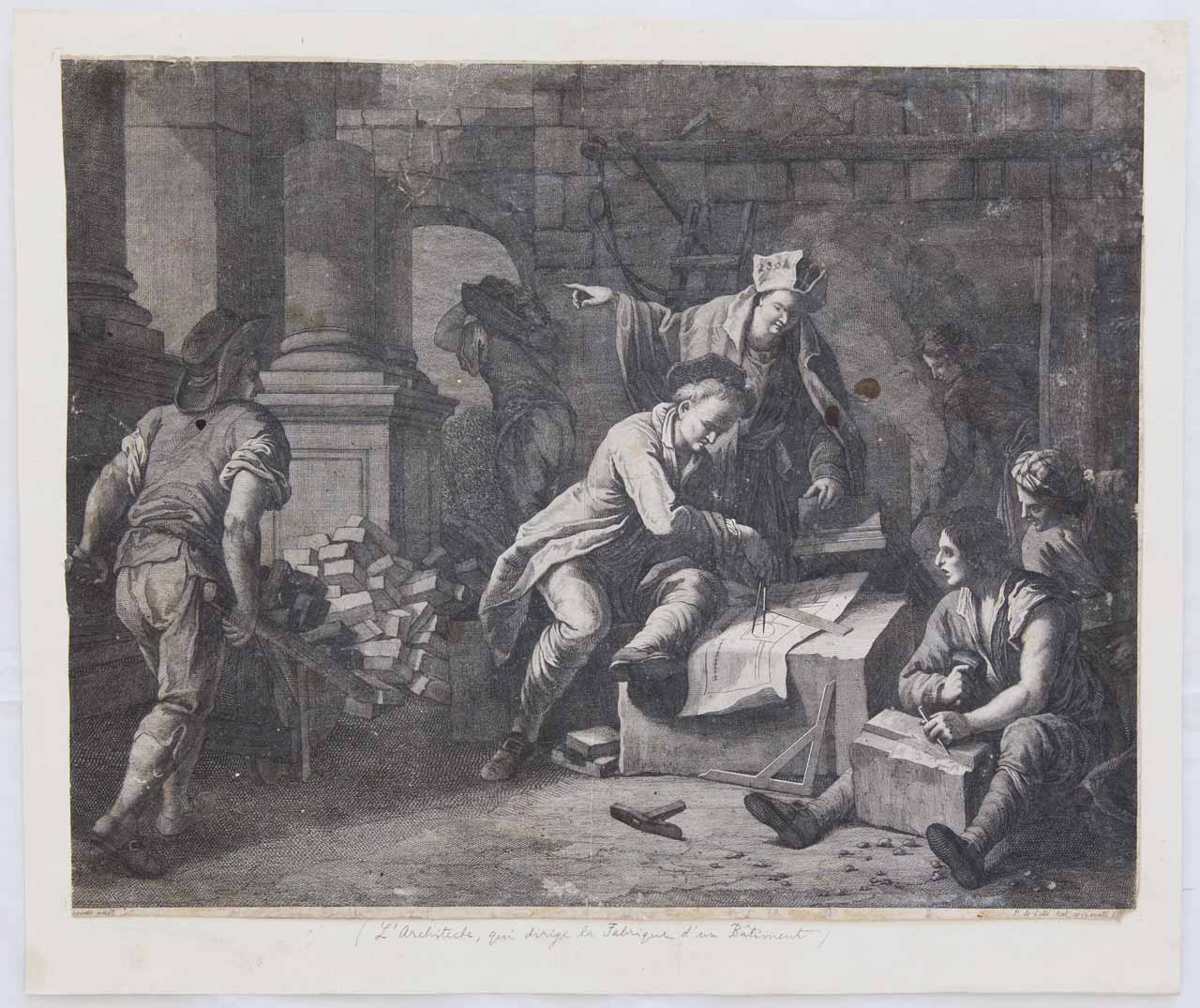 L'architetto che dirige il cantiere di un edificio (stampa controfondata smarginata tagliata, serie) di De Col Pellegrino - ambito veneto (secc. XVIII/ XIX)