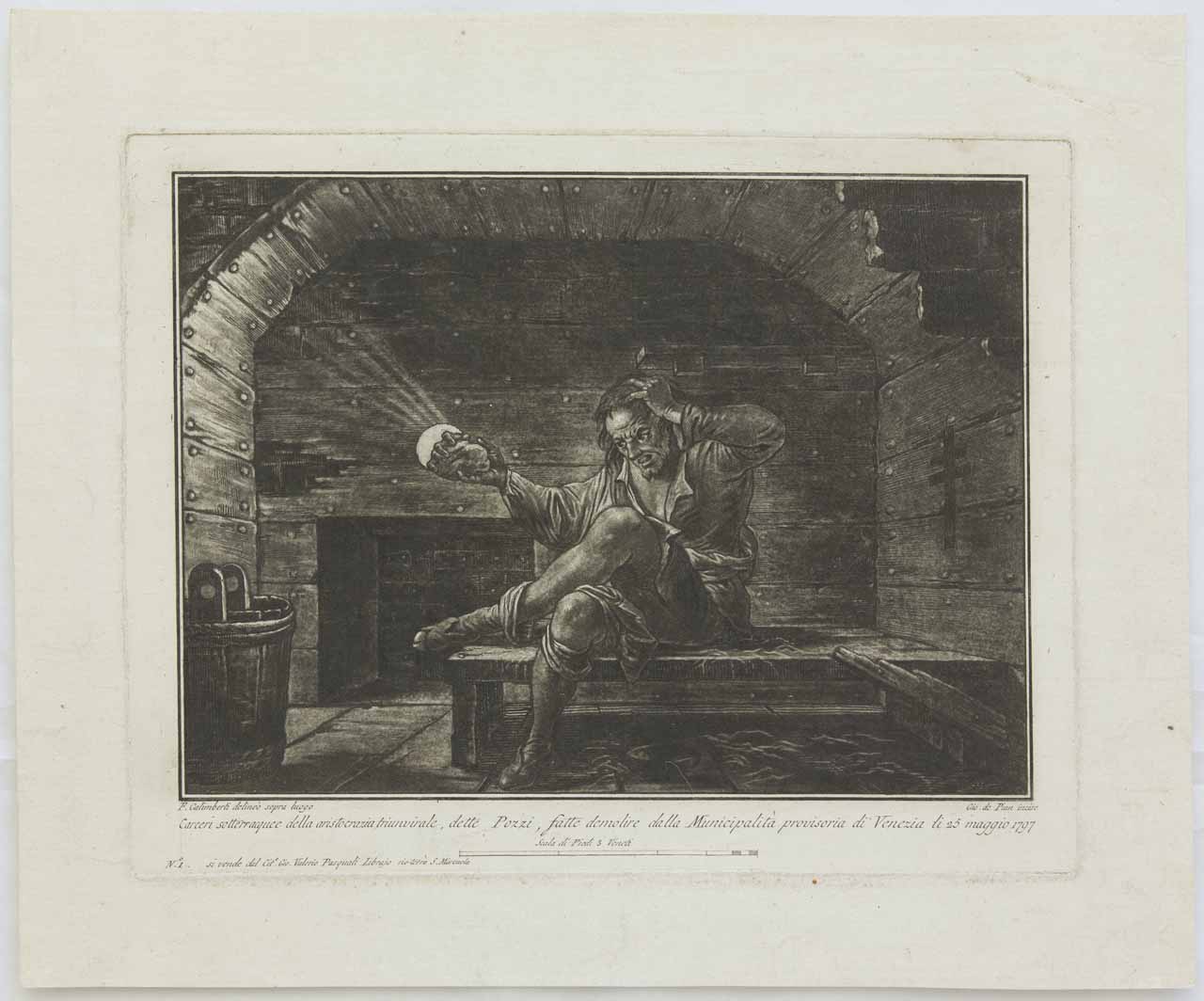 Interno di una cella con prigioniero che riceve il pane (stampa, serie) di De Pian Giovanni Maria, Galimberti Francesco - ambito veneto (sec. XVIII)