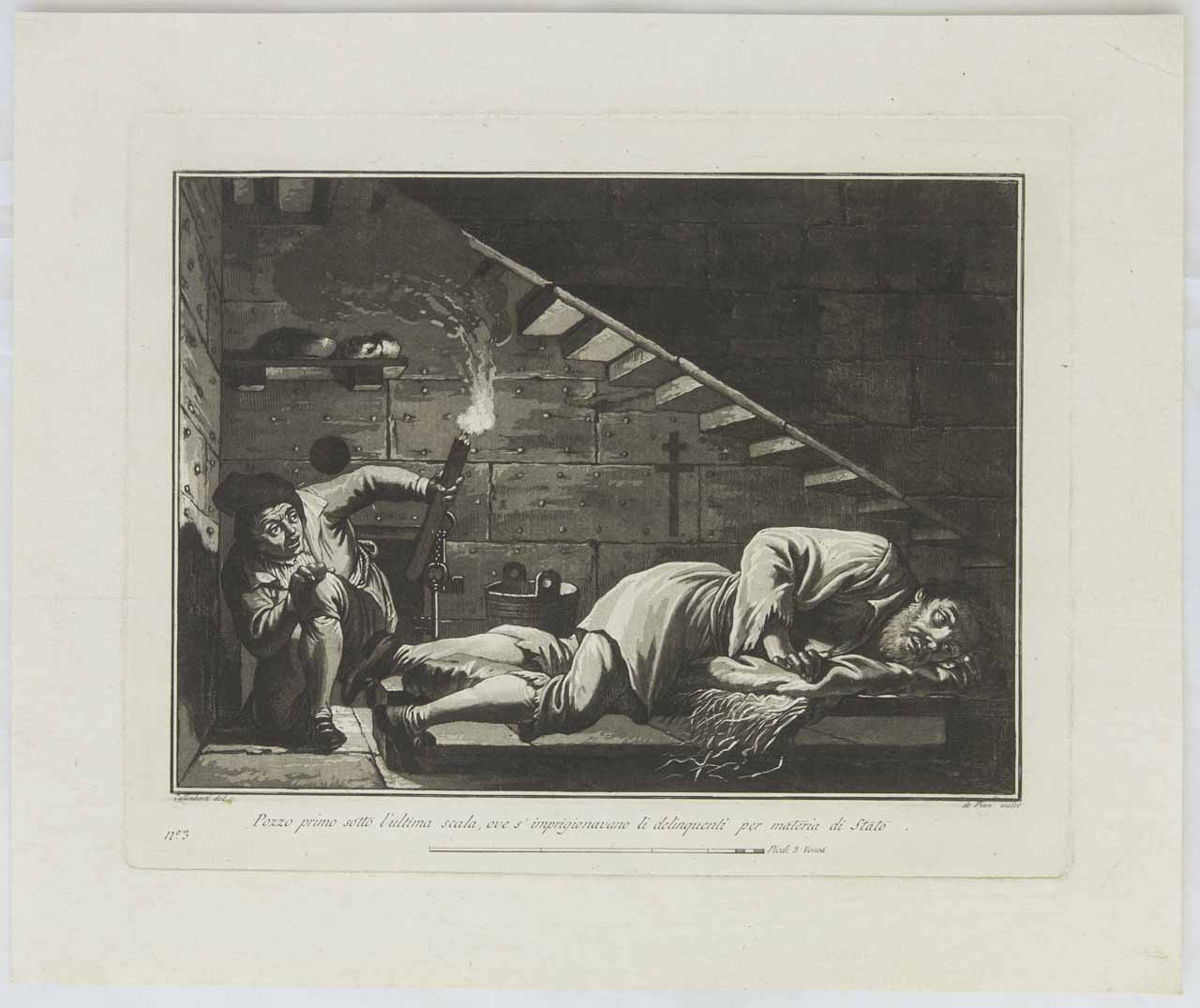 Interno di una cella con prigioniero e guardia (stampa, serie) di De Pian Giovanni Maria, Galimberti Francesco - ambito veneto (sec. XVIII)