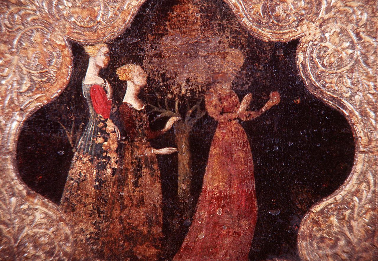 Minerva, Giunone, Venere in cammino verso il Monte Ida (formella) - manifattura veronese (metà sec. XV)