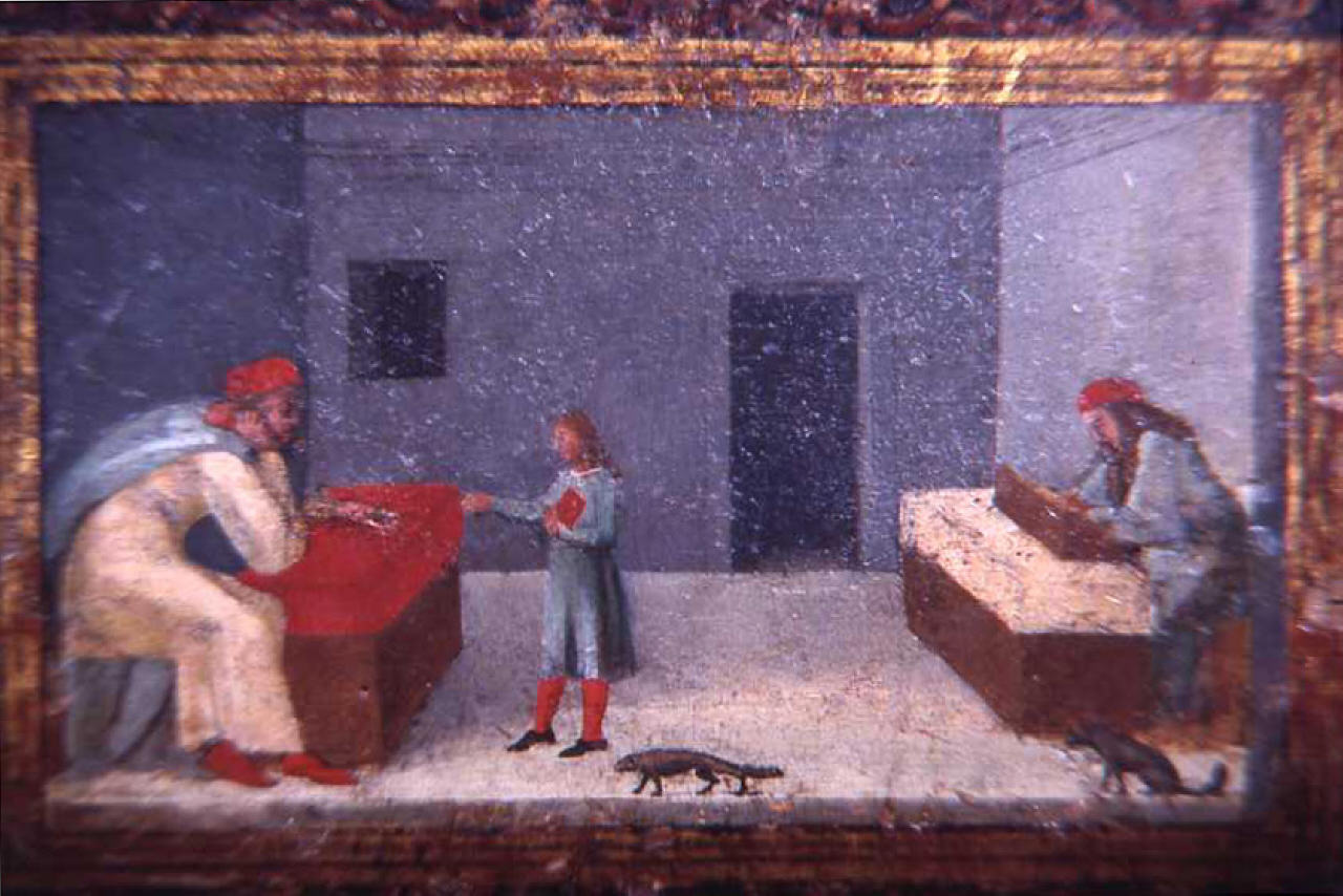 interno con figura maschile e bambino (dipinto) - manifattura umbra (metà/ inizio secc. XV/ XVI)