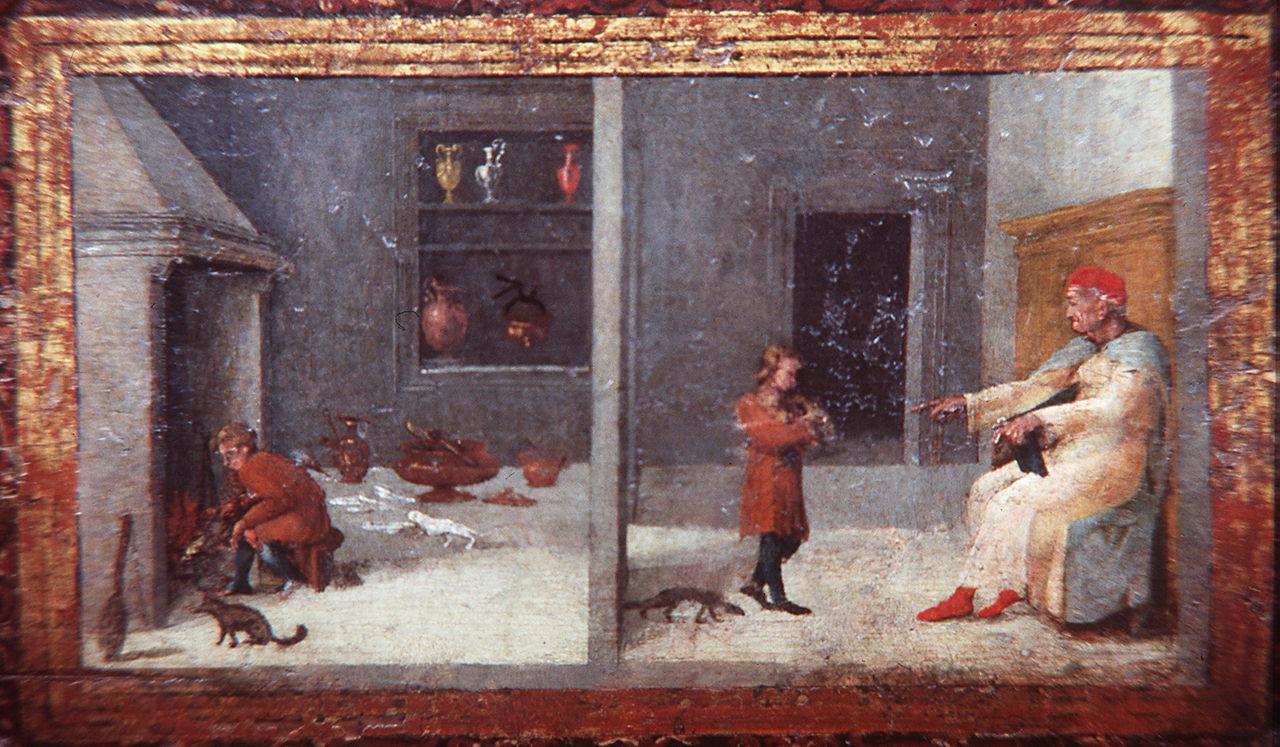 interno di cucina con figura maschile e bambino (dipinto) - manifattura umbra (metà/ inizio secc. XV/ XVI)