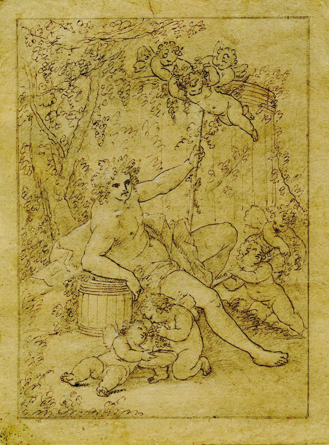 Bacco con putti (disegno, opera isolata) - ambito Italia centro-meridionale (fine/ fine XVII/XVIII)