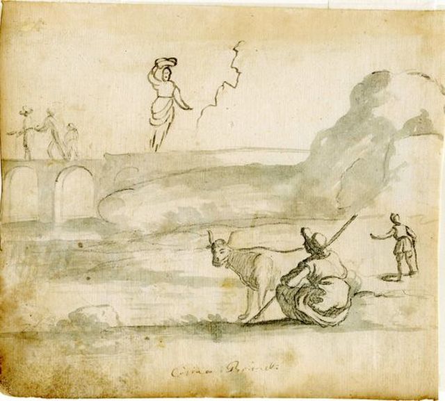 bue, ponte e personaggi vari (disegno, opera isolata) di Brunetti Ciriaco (attribuito) - ambito molisano (seconda metà XVIII)