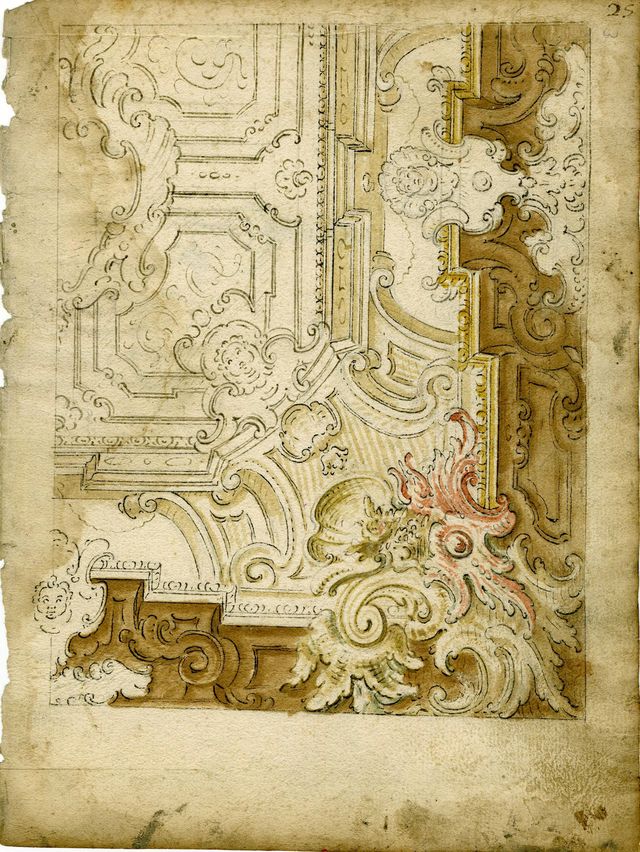 studio per la decorazione di un soffitto (recto), abbozzo di volute (verso) (taccuino di disegni, elemento d'insieme) di Brunetti Ciriaco (attribuito) - ambito molisano (seconda metà XVIII)