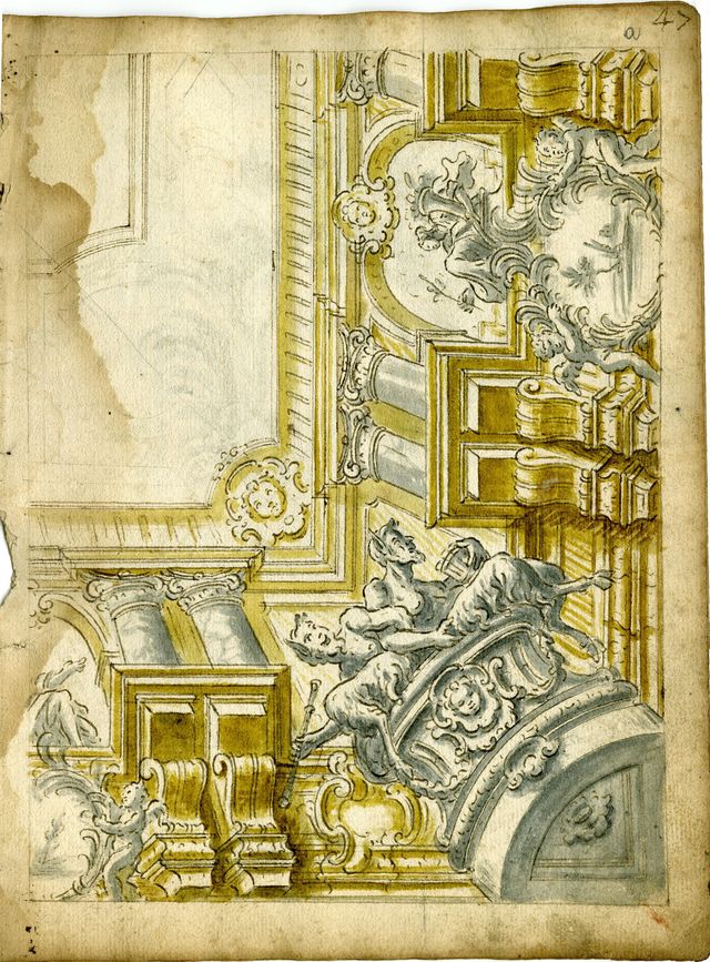 studio per la decorazione di un soffitto (recto), studi per elementi decorativi (verso) (taccuino di disegni, elemento d'insieme) di Brunetti Ciriaco (attribuito) - ambito molisano (seconda metà XVIII)