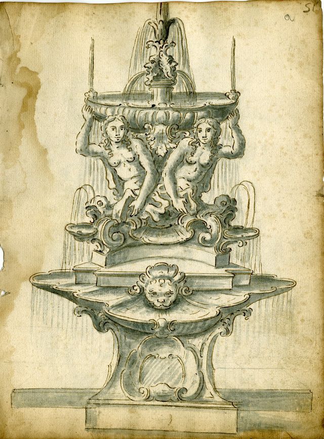 studio per una fontana (recto), studio per un baldacchino fantastico (verso) (taccuino di disegni, elemento d'insieme) di Brunetti Ciriaco (attribuito) - ambito molisano (seconda metà XVIII)