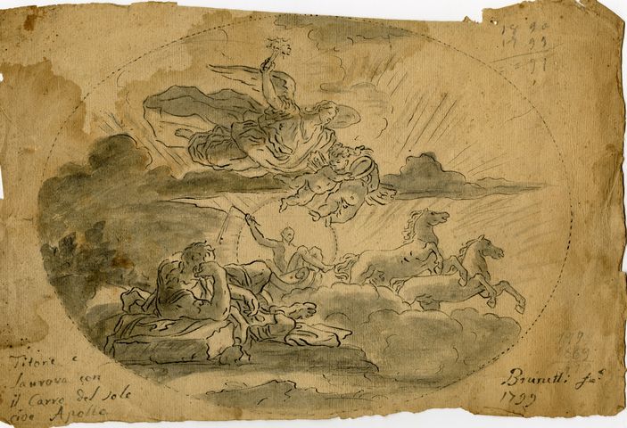 Aurora e Titone e Apollo sul carro del sole (recto), studio di figura maschile distesa (verso) (disegno, opera isolata) di Brunetti Ciriaco (attribuito) - ambito molisano (fine XVIII)