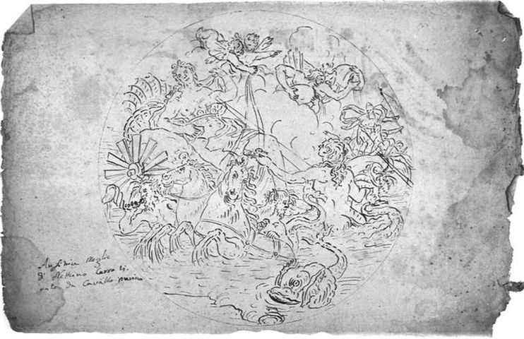 Il carro di Anfitrite (recto), Studio per angolare di volta (verso) (disegno, opera isolata) - ambito molisano (seconda metà XVIII)