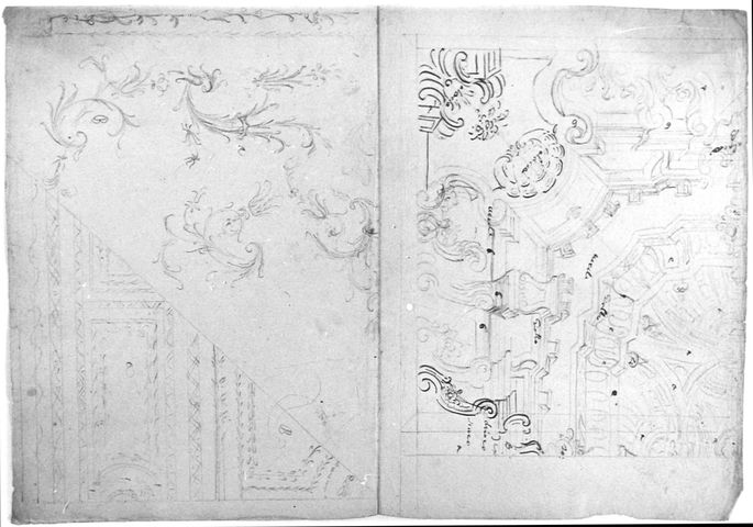 Bozzetto di parato e di tralci (recto A), Bozzetto di decorazione per una volta (recto D), Bozzetto di fascia decorativa (verso B), Bozzetto motivo decorativo (verso C) (disegno, opera isolata) - ambito molisano (seconda metà XVIII)