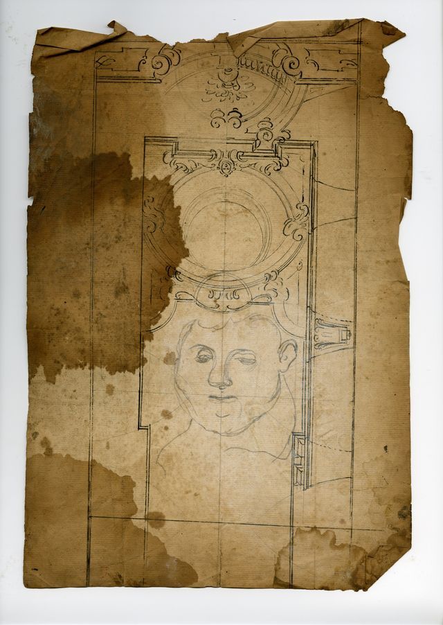 Studio di volta e abbozzo di viso maschile (recto), Studio per volta e abbozzi di arti (verso) (disegno, opera isolata) - ambito molisano (seconda metà XVIII)