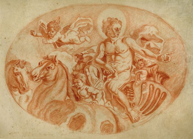 Apollo sul carro del Sole (recto), Abbozzo per scena di combattimento (verso) (disegno, opera isolata) - ambito molisano (seconda metà XVIII)